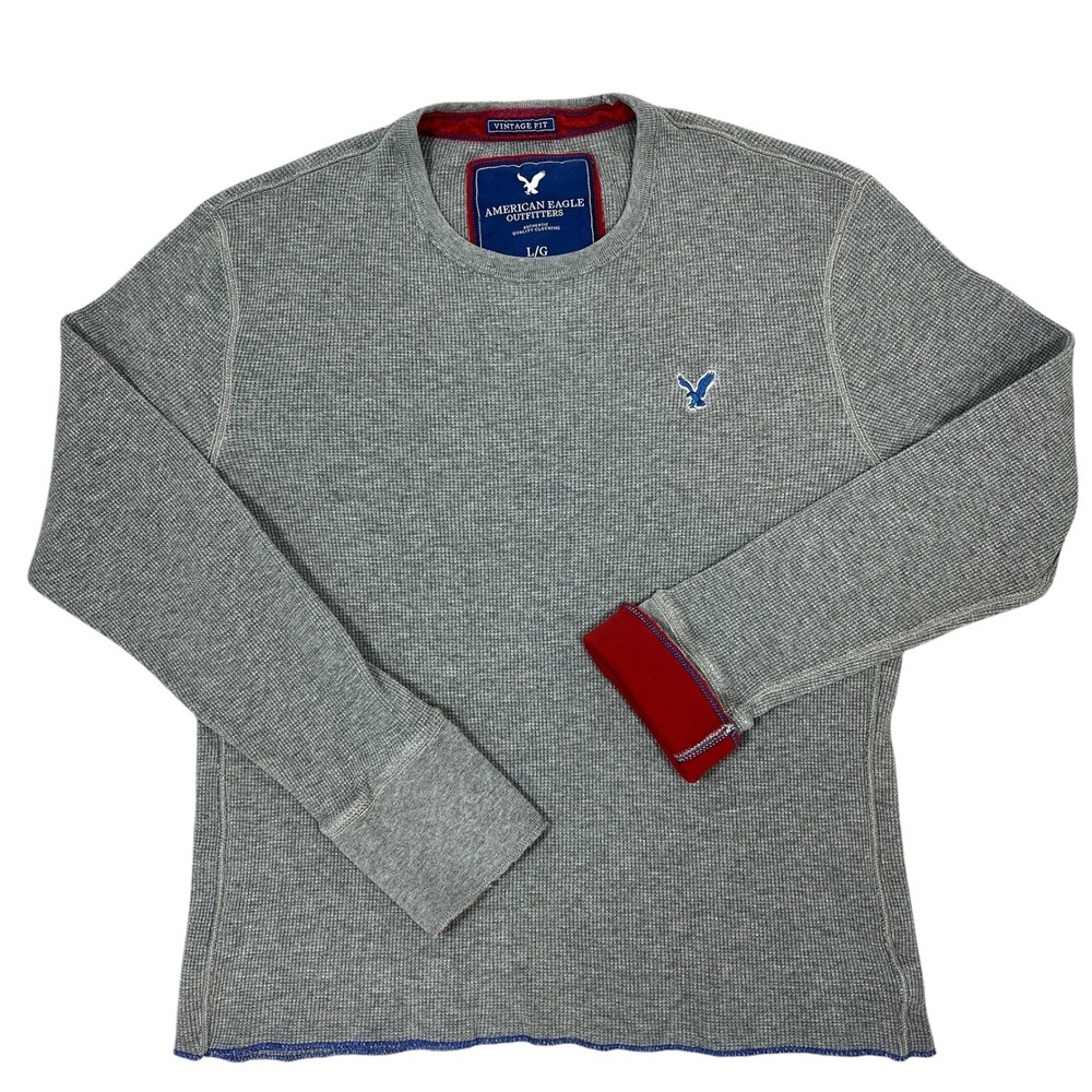 American Eagle Y2K Thermal Waffle Knit Shirt Large Gray Layered Cuff Vintage Fit